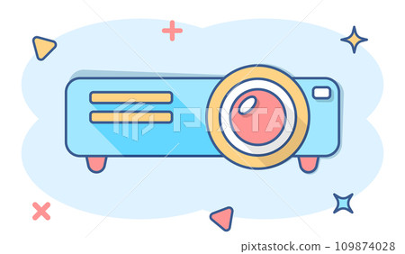 Video projector sign icon in comic style. Cinema presentation device vector cartoon illustration on white isolated background. Conference business concept splash effect. Video projector sign icon in comic style. Cinema presentation device vector cartoon illustration on white isolated background. Conference business concept splash effect. 109874028