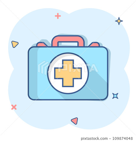 First aid kit icon in comic style. Health, help and medical diagnostics vector cartoon illustration on white isolated background. Doctor bag business concept splash effect. 109874048