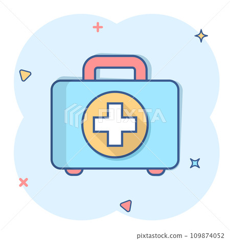 First aid kit icon in comic style. Health, help and medical diagnostics vector cartoon illustration on white isolated background. Doctor bag business concept splash effect. 109874052