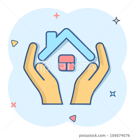 Home care icon in comic style. Hand hold house vector cartoon illustration on white isolated background. Building quality business concept splash effect. 109874076