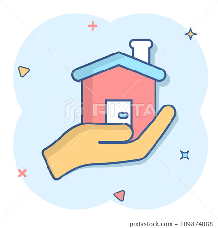 Home care icon in comic style. Hand hold house vector cartoon illustration on white isolated background. Building quality business concept splash effect. Home care icon in comic style. Hand hold house vector cartoon illustration on white isolated background. Building quality business concept splash effect. 109874088