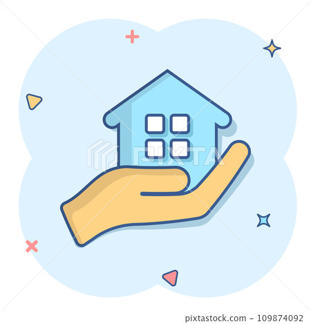 Home care icon in comic style. Hand hold house vector cartoon illustration on white isolated background. Building quality business concept splash effect. 109874092