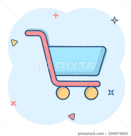 Shopping cart icon in comic style. Trolley cartoon vector illustration on white isolated background. Basket splash effect business concept. 109874093