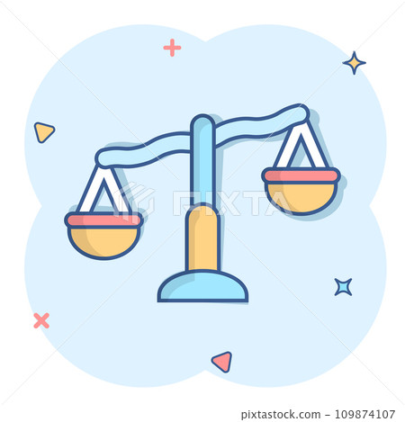 Scale balance icon in comic style. Justice cartoon vector illustration on white isolated background. Judgment splash effect business concept. Scale balance icon in comic style. Justice cartoon vector illustration on white isolated background. Judgment splash effect business concept. 109874107