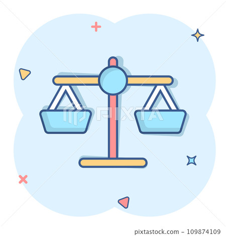 Scale balance icon in comic style. Justice cartoon vector illustration on white isolated background. Judgment splash effect business concept. 109874109
