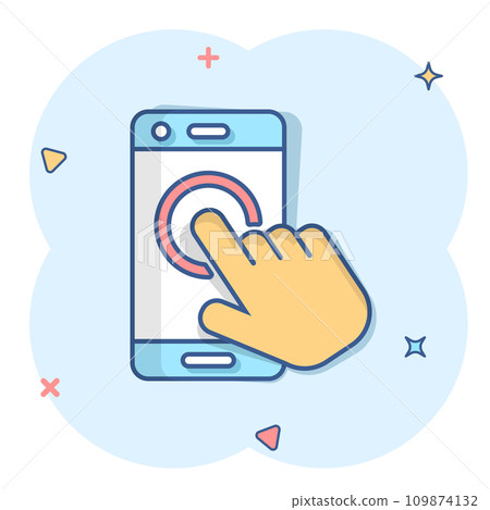 Hand touch smartphone icon in comic style. Phone finger vector cartoon illustration on white isolated background. Cursor touchscreen business concept splash effect. Hand touch smartphone icon in comic style. Phone finger vector cartoon illustration on white isolated background. Cursor touchscreen business concept splash effect. 109874132