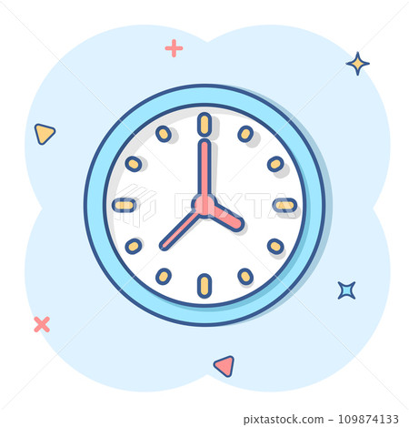 Clock icon in comic style. Watch cartoon vector illustration on white isolated background. Timer splash effect business concept. Clock icon in comic style. Watch cartoon vector illustration on white isolated background. Timer splash effect business concept. 109874133