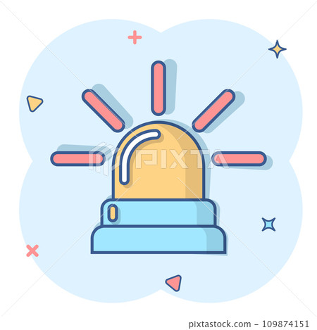 Emergency siren icon in comic style. Police alarm vector cartoon illustration on white isolated background. Medical alert business concept splash effect. 109874151