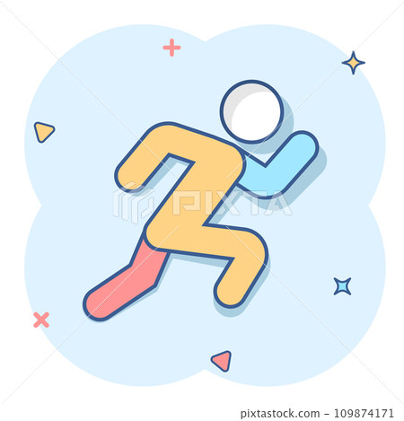 Run people icon in comic style. Jump cartoon vector illustration on white isolated background. Fitness splash effect business concept. 109874171