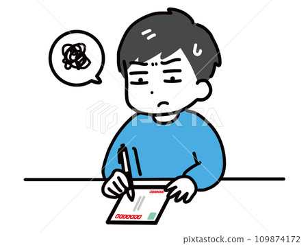 A young man in casual clothes writing a postcard with a troubled look on his face (upper body) A young man in casual clothes writing a postcard with a troubled look on his face (upper body) 109874172