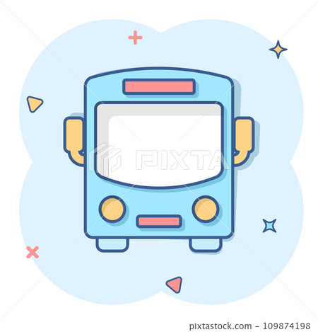 Bus icon in comic style. Coach car cartoon vector illustration on white isolated background. Autobus splash effect business concept. 109874198