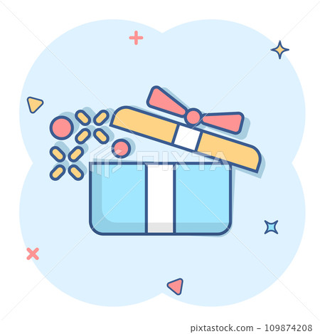 Gift box icon in comic style. Magic case vector cartoon illustration on white isolated background. Present business concept splash effect. 109874208