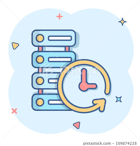 Data center icon in comic style. Clock vector cartoon illustration on white isolated background. Watch business concept splash effect. 109874228