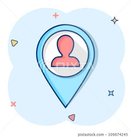Placement icon in comic style. People pin vector cartoon illustration on white isolated background. Navigation business concept splash effect. Placement icon in comic style. People pin vector cartoon illustration on white isolated background. Navigation business concept splash effect. 109874245