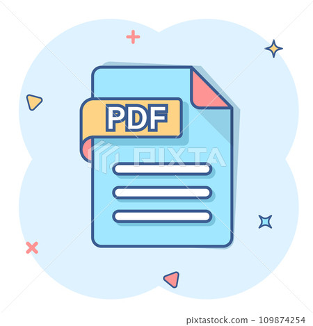 Pdf icon in comic style. Document text vector cartoon illustration on white isolated background. Archive splash effect business concept. Pdf icon in comic style. Document text vector cartoon illustration on white isolated background. Archive splash effect business concept. 109874254