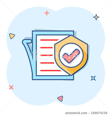 Insurance policy icon in comic style. Report vector cartoon illustration on white isolated background. Document business concept splash effect. Insurance policy icon in comic style. Report vector cartoon illustration on white isolated background. Document business concept splash effect. 109874256