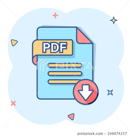 Pdf icon in comic style. Document text vector cartoon illustration on white isolated background. Archive splash effect business concept. Pdf icon in comic style. Document text vector cartoon illustration on white isolated background. Archive splash effect business concept. 109874257