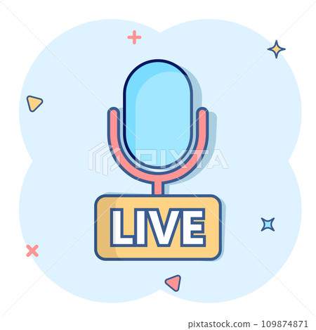 Microphone icon in comic style. Live broadcast vector cartoon illustration on white isolated background. Sound record business concept splash effect. Microphone icon in comic style. Live broadcast vector cartoon illustration on white isolated background. Sound record business concept splash effect. 109874871