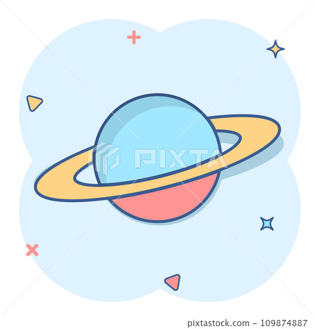 Saturn icon in comic style. Planet vector cartoon illustration on white isolated background. Galaxy space business concept splash effect. Saturn icon in comic style. Planet vector cartoon illustration on white isolated background. Galaxy space business concept splash effect. 109874887