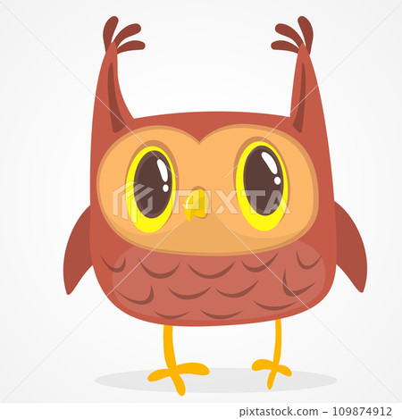 Funny cartoon owl with big eyes. Vector illustration. Design for print, children book illustration or party 109874912