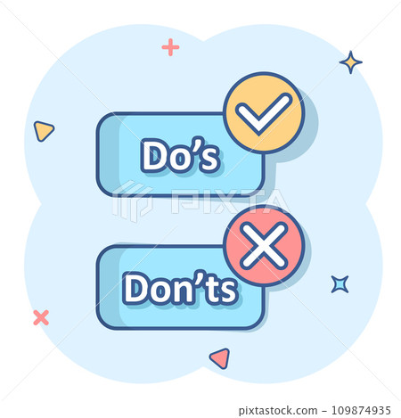 Do's and don'ts sign icon in comic style. Like, unlike vector cartoon illustration on isolated background. Yes, no business concept splash effect. 109874935