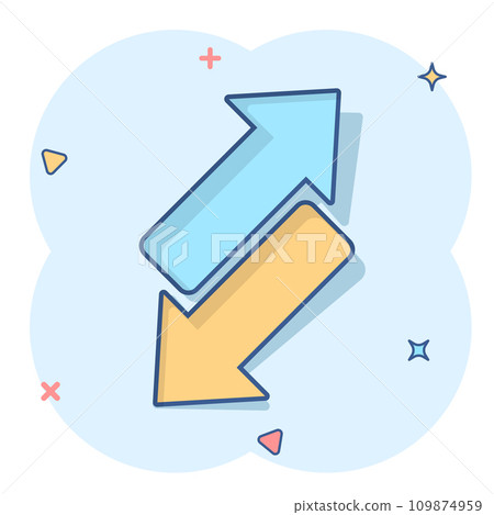 Reverse arrow sign icon in comic style. Refresh vector cartoon illustration on white isolated background. Reload business concept splash effect. 109874959