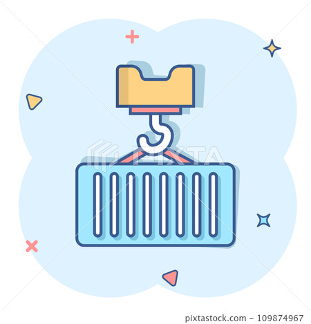 Container icon in comic style. Delivery cargo cartoon vector illustration on white isolated background. Freight box splash effect business concept. 109874967