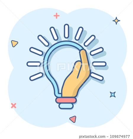 Lightbulb in hand icon in comic style. Bulb cartoon vector illustration on white isolated background. Lamp splash effect business concept. 109874977