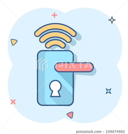 Wireless door lock sign icon in comic style. Smart home vector cartoon illustration on white isolated background. Remote system business concept splash effect. Wireless door lock sign icon in comic style. Smart home vector cartoon illustration on white isolated background. Remote system business concept splash effect. 109874982