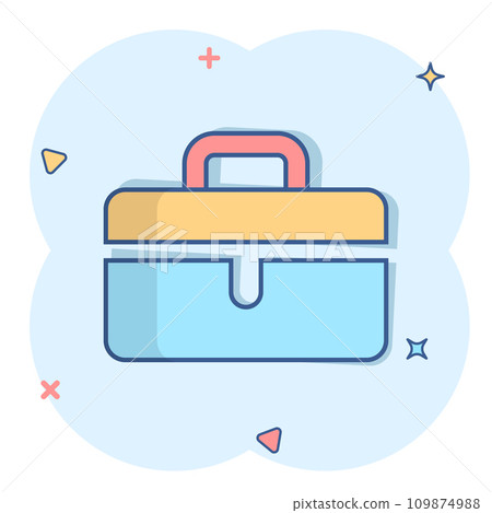 Briefcase sign icon in comic style. Suitcase vector cartoon illustration on white isolated background. Baggage business concept splash effect. 109874988