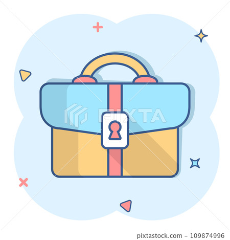Briefcase sign icon in comic style. Suitcase vector cartoon illustration on white isolated background. Baggage business concept splash effect. 109874996
