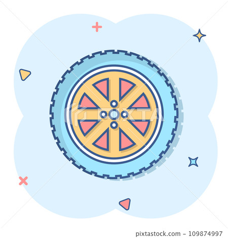 Car wheel icon in comic style. Vehicle part cartoon vector illustration on white isolated background. Tyre splash effect business concept. 109874997