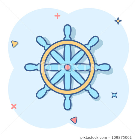 Helm wheel icon in comic style. Navigate steer cartoon vector illustration on white isolated background. Ship drive splash effect business concept. Helm wheel icon in comic style. Navigate steer cartoon vector illustration on white isolated background. Ship drive splash effect business concept. 109875001