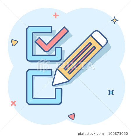 Checklist document sign icon in comic style. Survey vector cartoon illustration on white isolated background. Check mark banner business concept splash effect. Checklist document sign icon in comic style. Survey vector cartoon illustration on white isolated background. Check mark banner business concept splash effect. 109875060