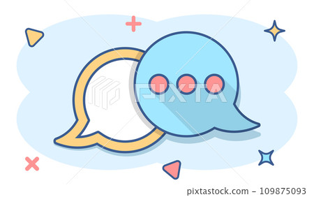 Speak chat sign icon in comic style. Speech bubbles vector cartoon illustration on white isolated background. Team discussion button business concept splash effect. 109875093