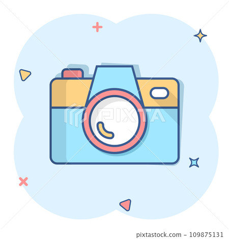 Camera device sign icon in comic style. Photography vector cartoon illustration on white isolated background. Cam equipment business concept splash effect. Camera device sign icon in comic style. Photography vector cartoon illustration on white isolated background. Cam equipment business concept splash effect. 109875131