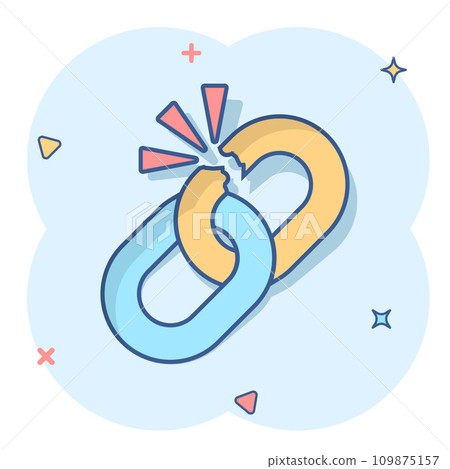 Broken chain sign icon in comic style. Disconnect link vector cartoon illustration on white isolated background. Detach business concept splash effect. Broken chain sign icon in comic style. Disconnect link vector cartoon illustration on white isolated background. Detach business concept splash effect. 109875157