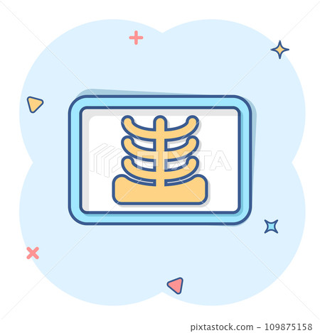 X-ray icon in comic style. Radiology cartoon vector illustration on white isolated background. Medical scan splash effect business concept. X-ray icon in comic style. Radiology cartoon vector illustration on white isolated background. Medical scan splash effect business concept. 109875158