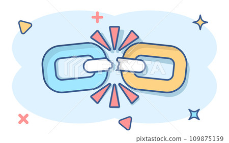 Broken chain sign icon in comic style. Disconnect link vector cartoon illustration on white isolated background. Detach business concept splash effect. 109875159