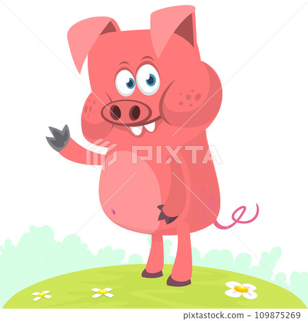 Happy cartoon pig presenting. Farm animals. Illustration of a smiling piggy isolated on white Happy cartoon pig presenting. Farm animals. Illustration of a smiling piggy isolated on white 109875269