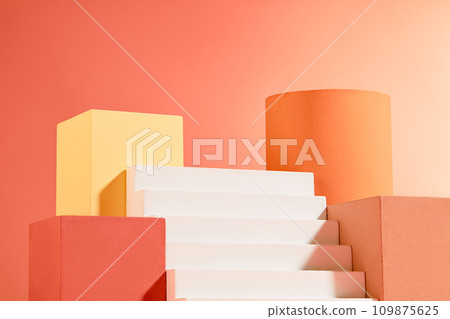 Colorful podium in different shapes and colors arranged with a white staircase. Geometric shapes podium for product display. Stage showcase on pedestal display Colorful podium in different shapes and colors arranged with a white staircase. Geometric shapes podium for product display. Stage showcase on pedestal display 109875625