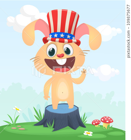 Cartoon funny and happy rabbit standing on the summer meadow on the tree stump. Vector illustration of easter bunny hare 109875677