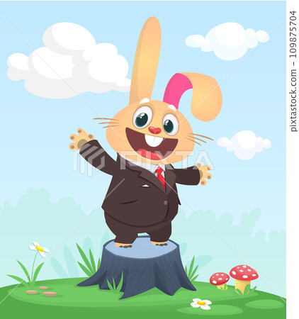 Cartoon funny and happy rabbit standing on the summer meadow on the tree stump. Vector illustration of easter bunny hare 109875704