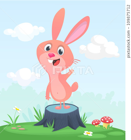 Cartoon funny and happy rabbit standing on the summer meadow on the tree stump. Vector illustration of easter bunny hare 109875712
