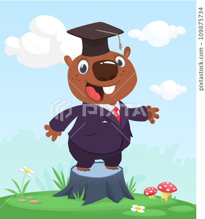Cartoon funny and happy beaver standing on the summer meadow on the tree stump wearing toxedo. Vector illustration Cartoon funny and happy beaver standing on the summer meadow on the tree stump wearing toxedo. Vector illustration 109875734