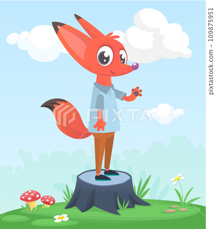 Cartoon funny and happy fox standing on the summer meadow on the tree stump. Vector illustration 109875951