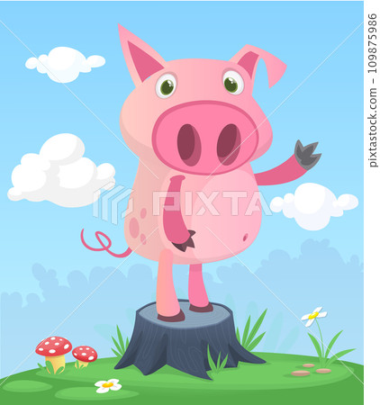 Cartoon funny and happy pig standing on the summer meadow on the tree stump. Vector illustration Cartoon funny and happy pig standing on the summer meadow on the tree stump. Vector illustration 109875986