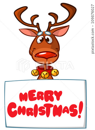Cartoon funny red nose reindeer holding a blank paper board for Christmas or New Year greetings. Christmas illustration. Vector isolated 109876027