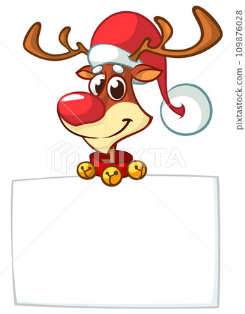 Cartoon funny red nose reindeer holding a blank paper board for Christmas or New Year greetings. Christmas illustration. Vector isolated 109876028