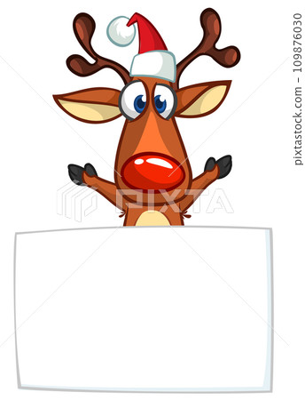 Cartoon funny red nose reindeer holding a blank paper board for Christmas or New Year greetings. Christmas illustration. Vector isolated 109876030